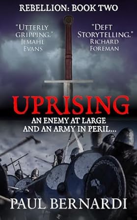 Front cover of uprising, a sword pointing down at an army weilding hatchets.