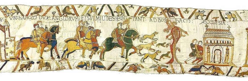 Scene from Bayeux tapestry showing King Harold hunting with hawks & dogs