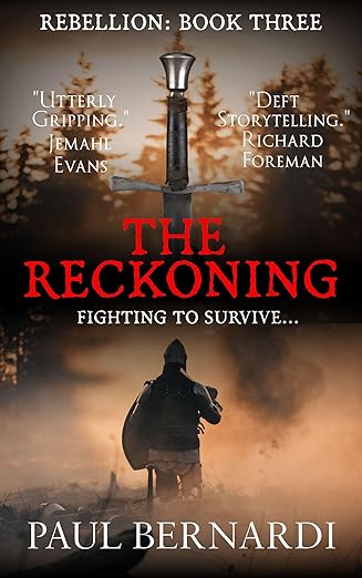 The book cover for the reckoning. A man stood with his back turned, facing the forest in mist.